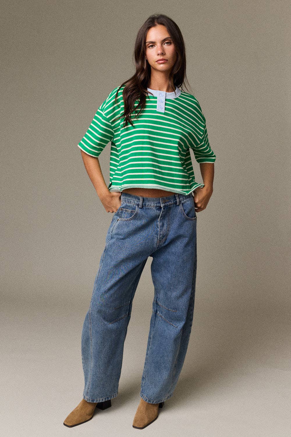 Henley neck green stripe top