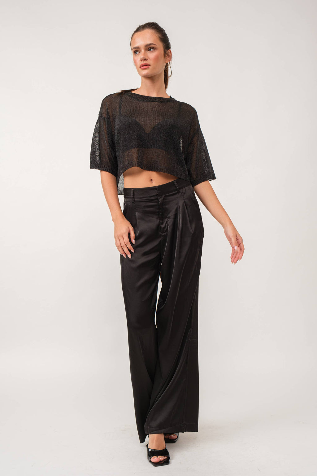 Sheer Round Neck Short Sleeve Knit Top