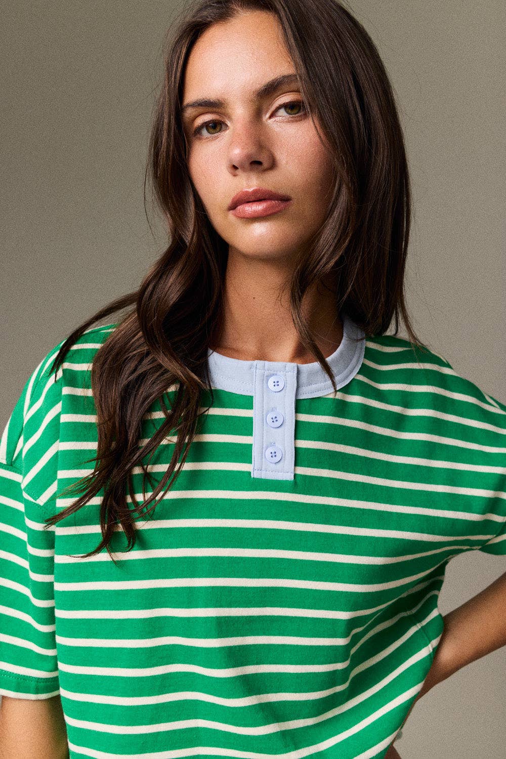 Henley neck green stripe top