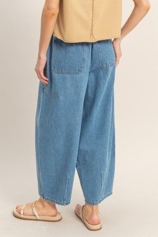 Denim cargo barrel joggers