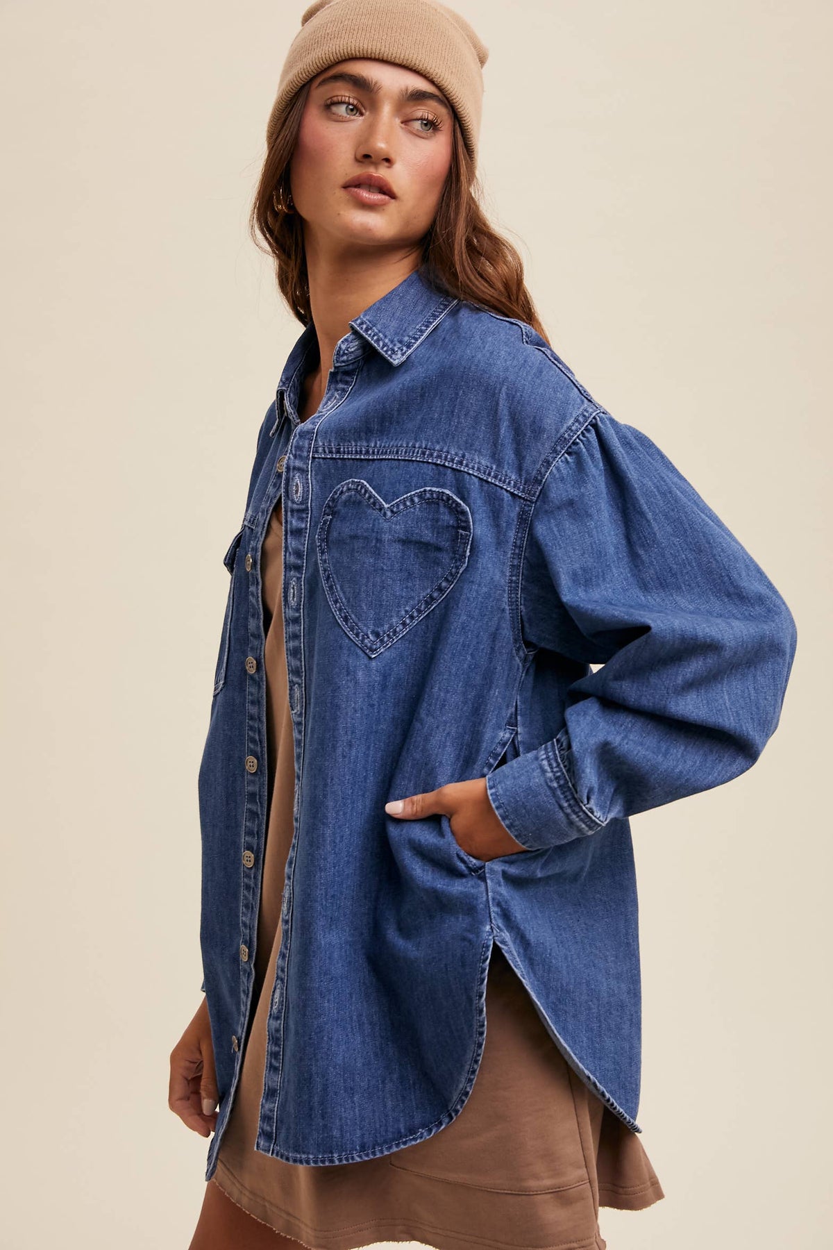 Heart Detail Oversized Denim Shirt