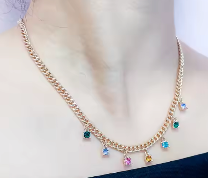 Lizi Necklace 7 CZ multi stone Cuban Steel Necklace  