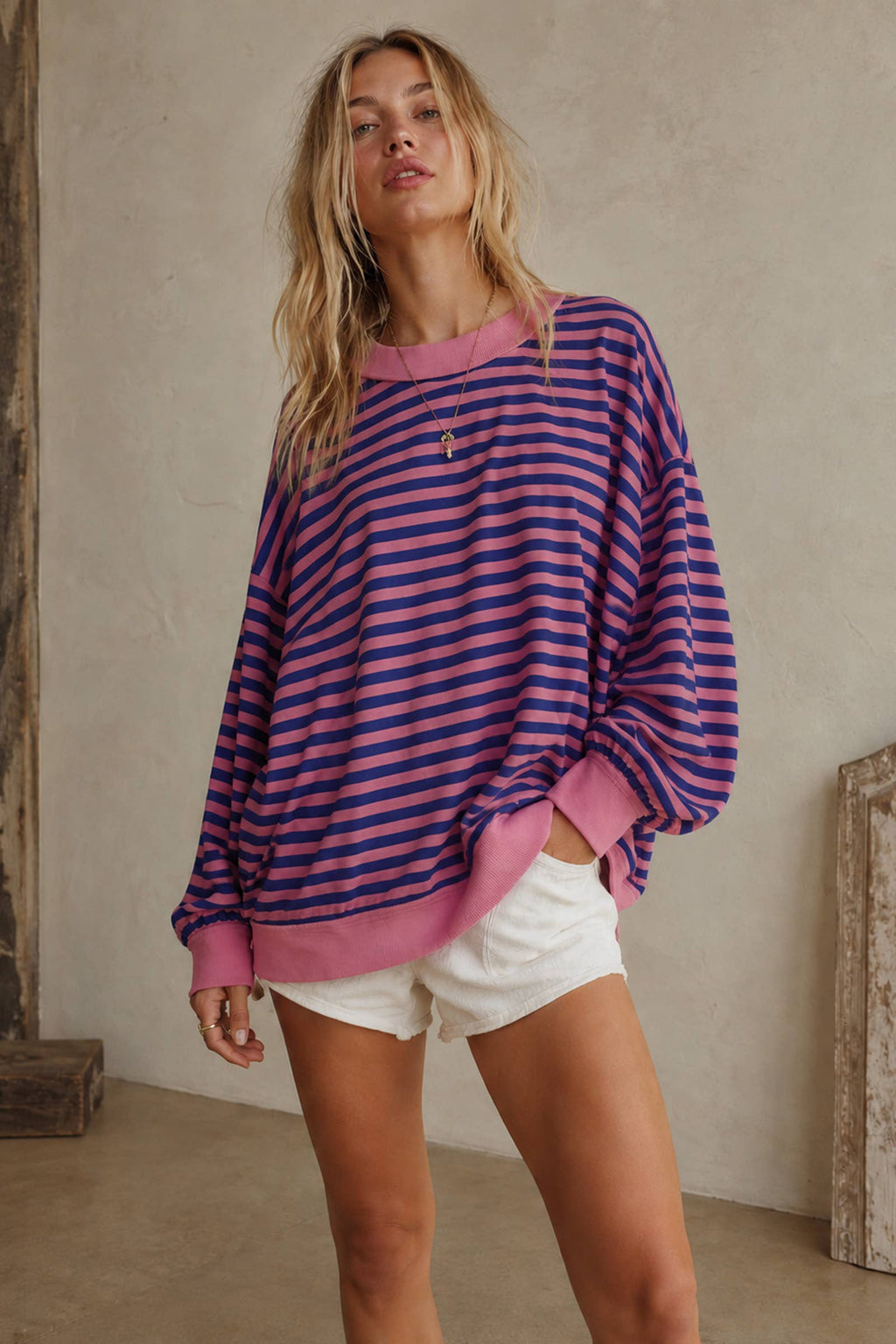 Oversized Contrast Stripe Mock Neck Terry Pullover