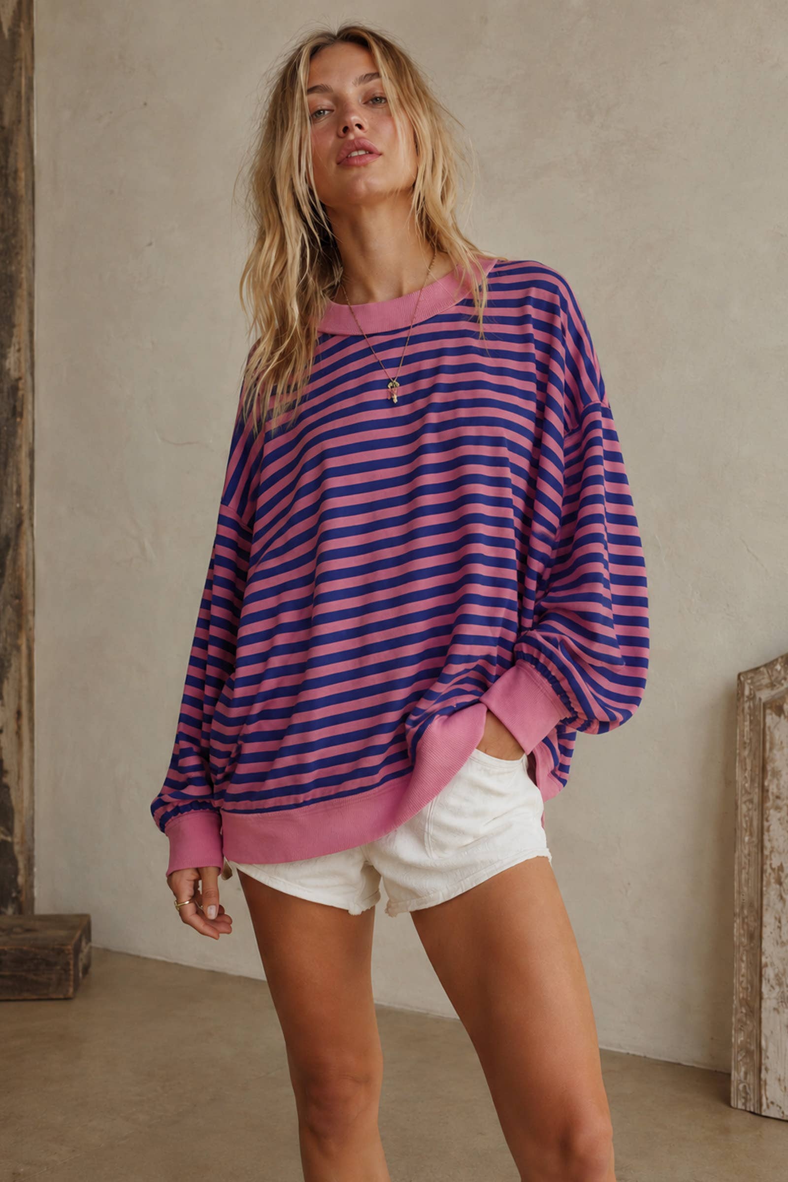 Oversized Contrast Stripe Mock Neck Terry Pullover