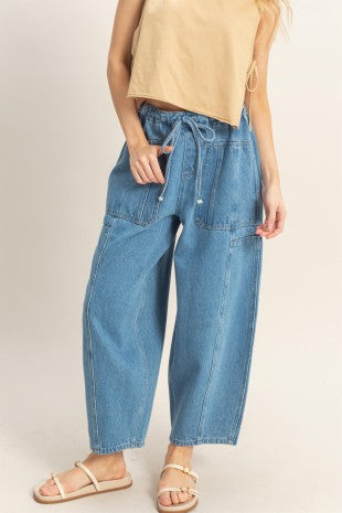 Denim cargo barrel joggers
