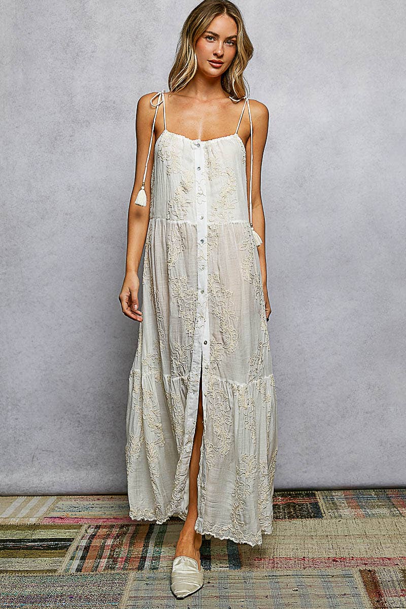 Sleeveless Round Neck Tassel Shoulder Tie Woven Maxi Dress