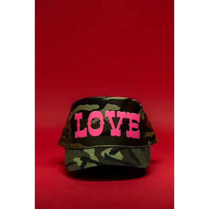 Pink puff LOVE trucker hat