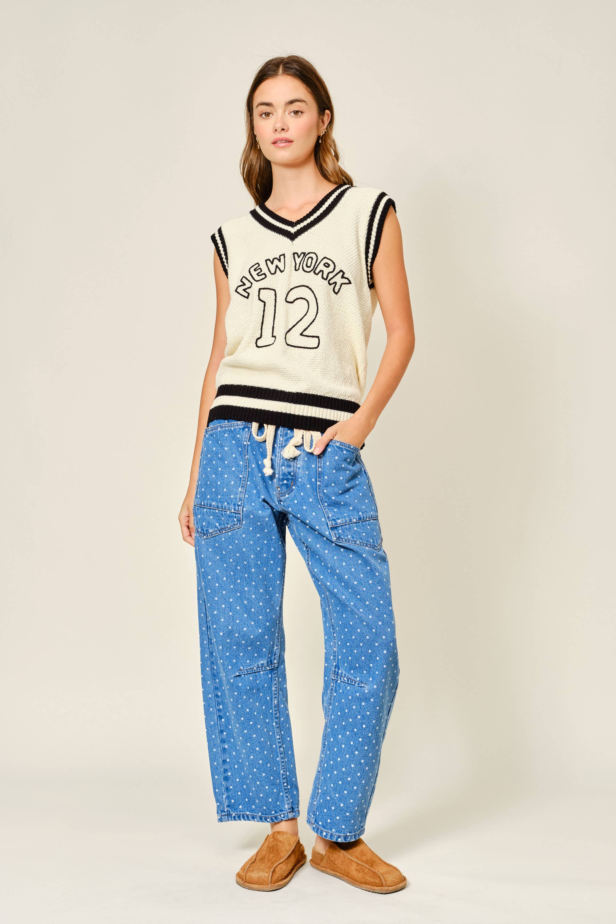 POLKA DOT DENIM BARREL PANTS