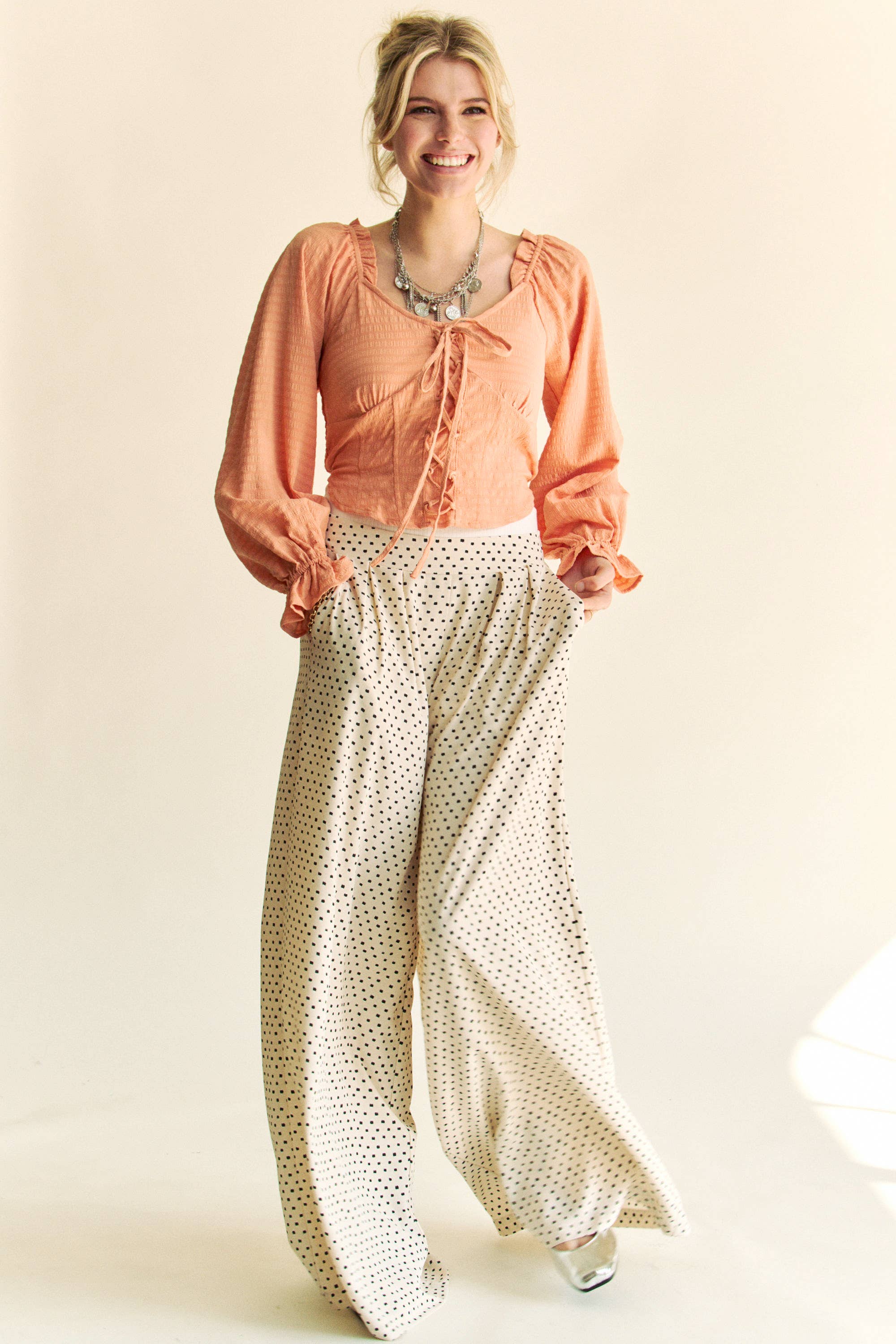 PLEATED BACK ELASTIC WAIST BAND WIDE LONG PANTS