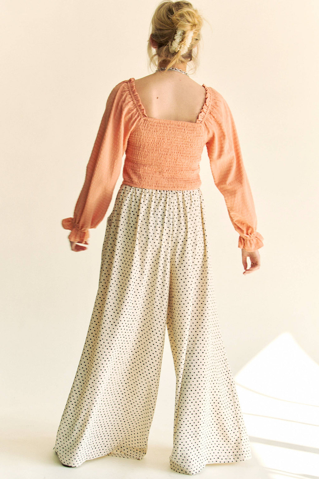 PLEATED BACK ELASTIC WAIST BAND WIDE LONG PANTS