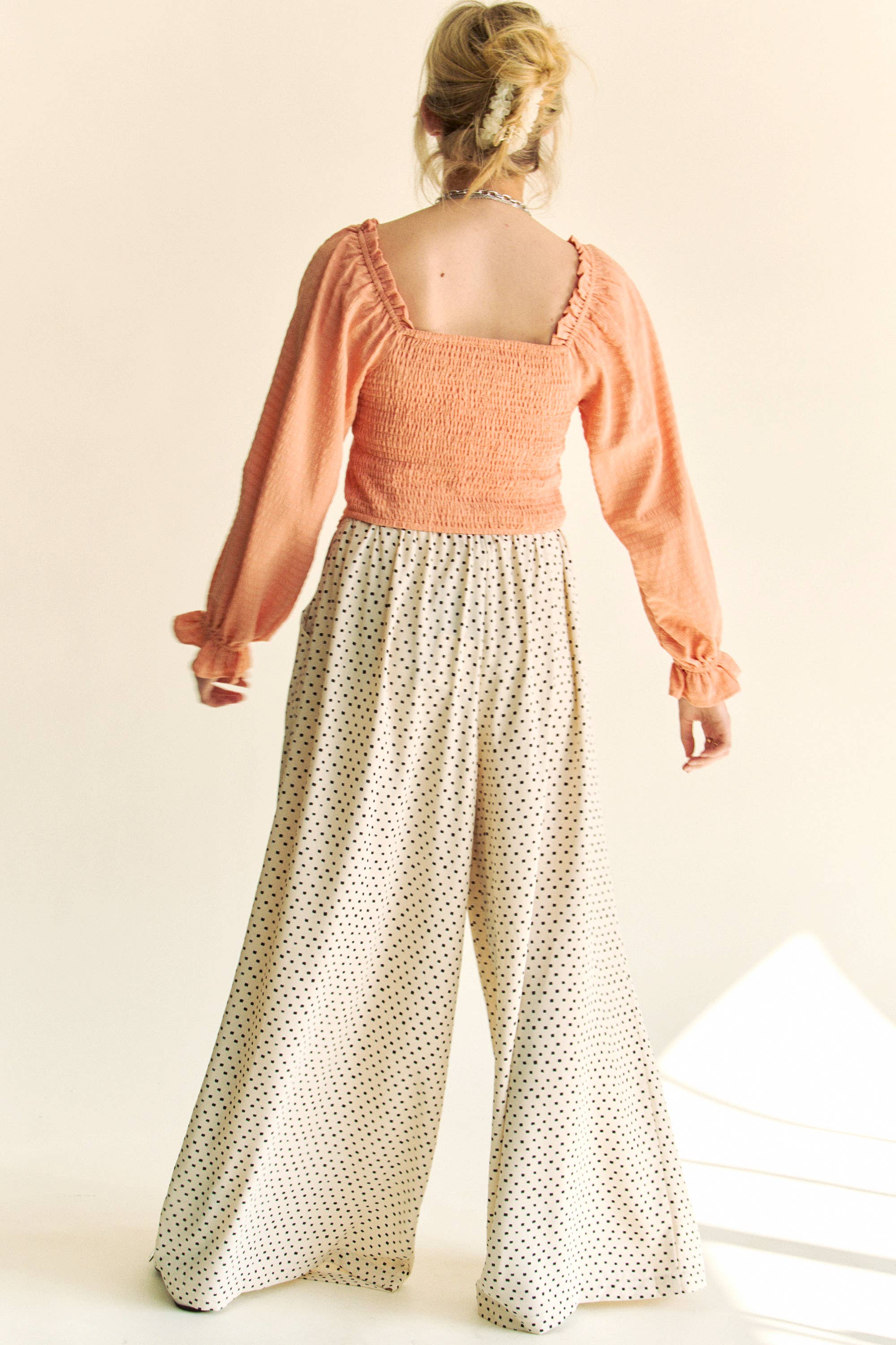 PLEATED BACK ELASTIC WAIST BAND WIDE LONG PANTS