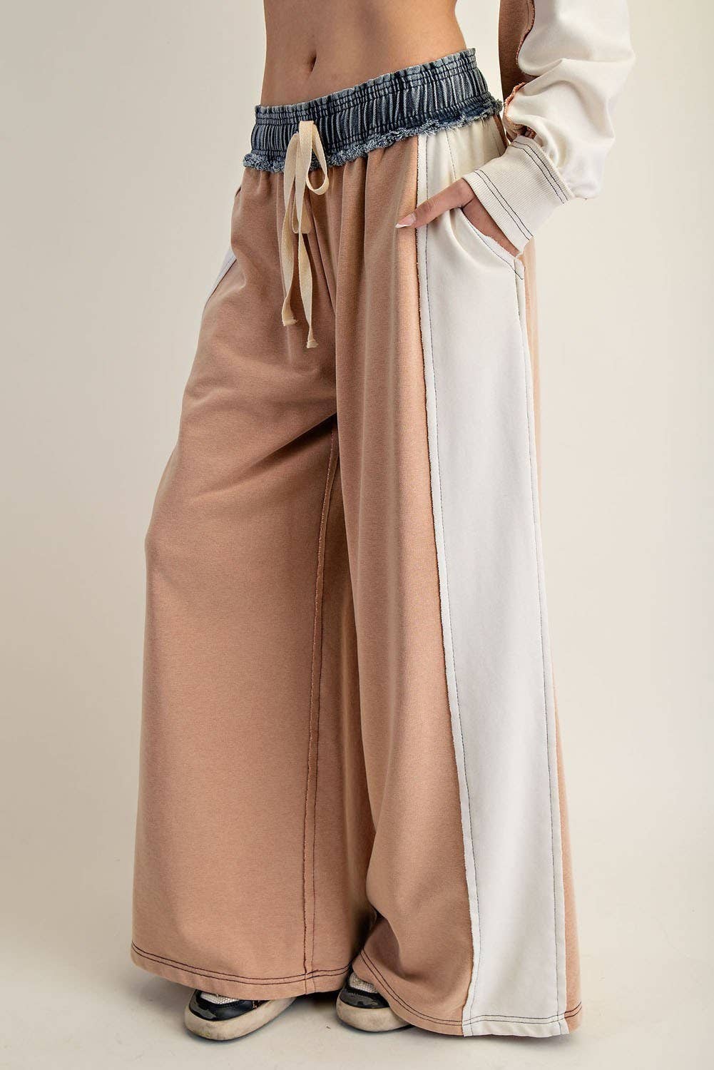COLOR BLOCK DENIM DRAWSTRING PANTS