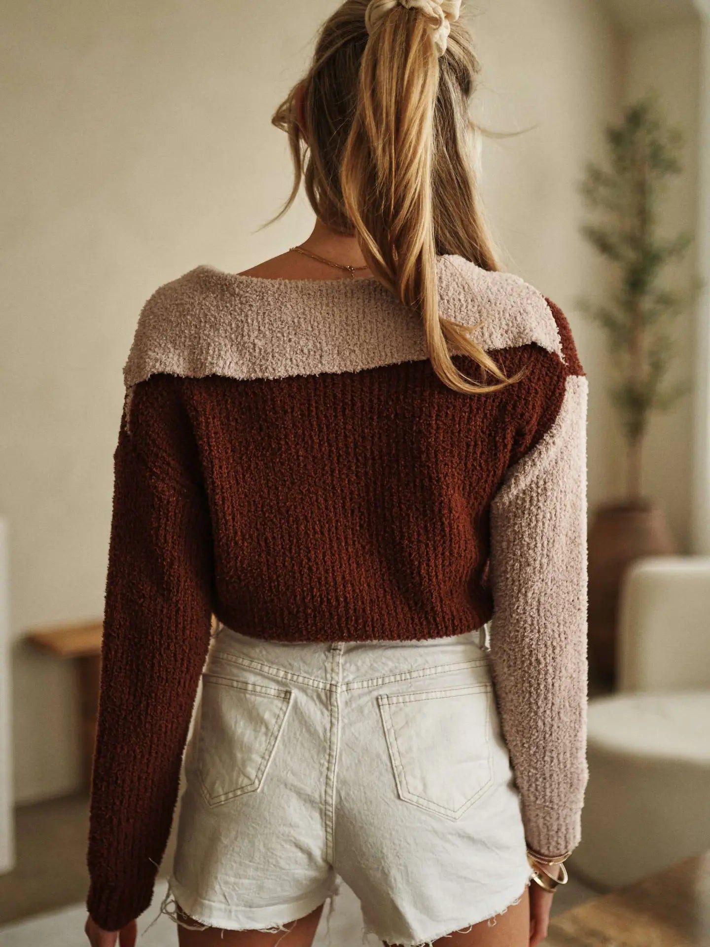 Hooded Vneck Terry Sweater