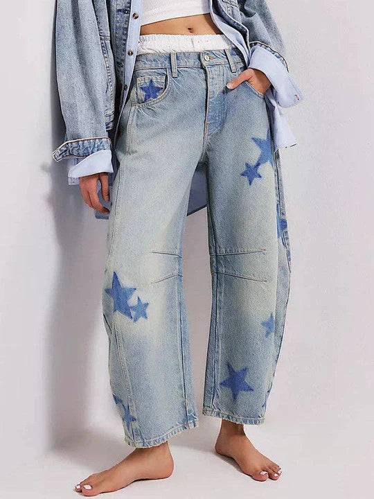 PLUS SIZE Star Print Loose Midi Waist Jeans