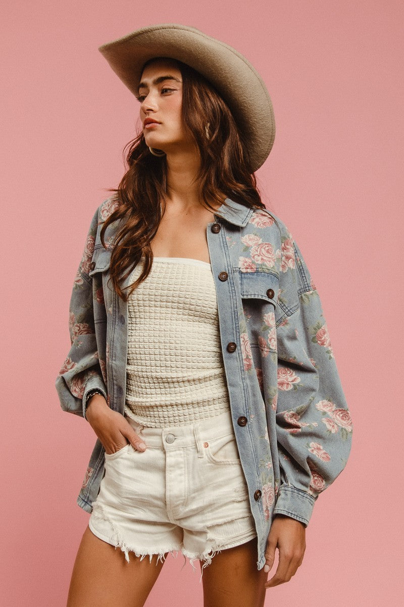 Floral Print Washed Denim Shacket