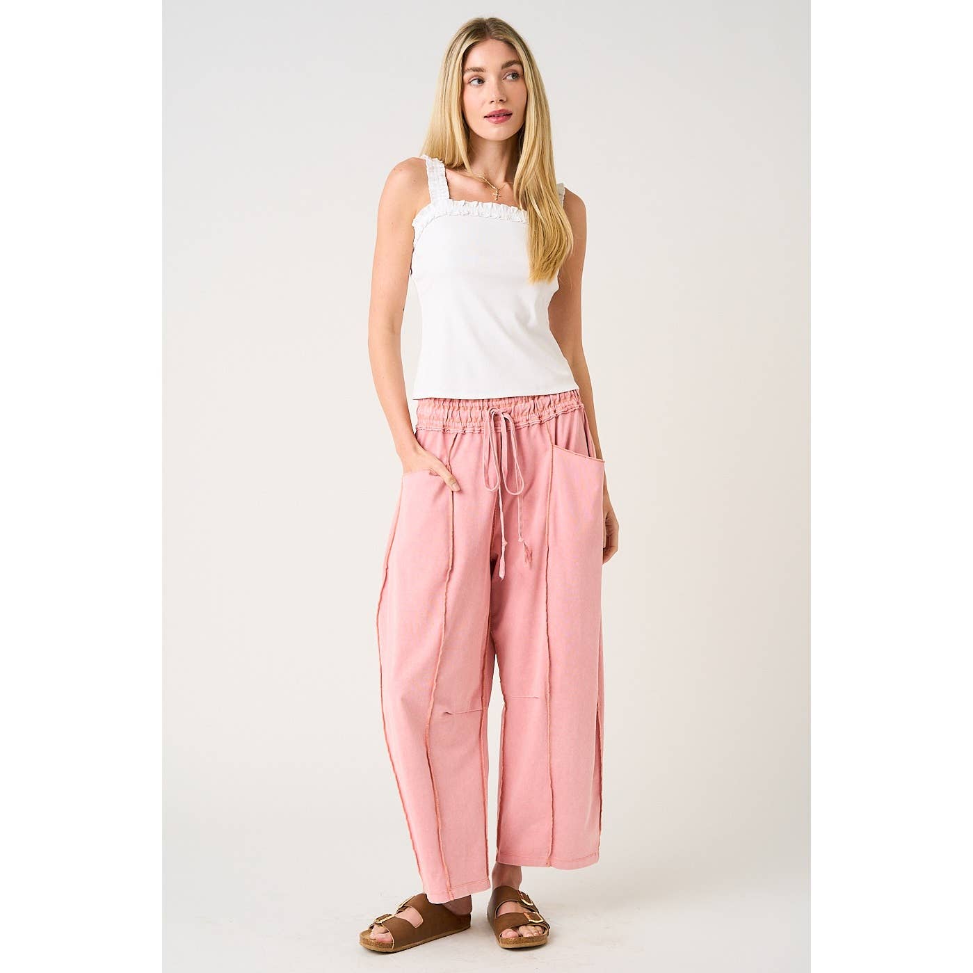MINERAL WASH SEAM DETAIL PULL ON BARREL PANTS
