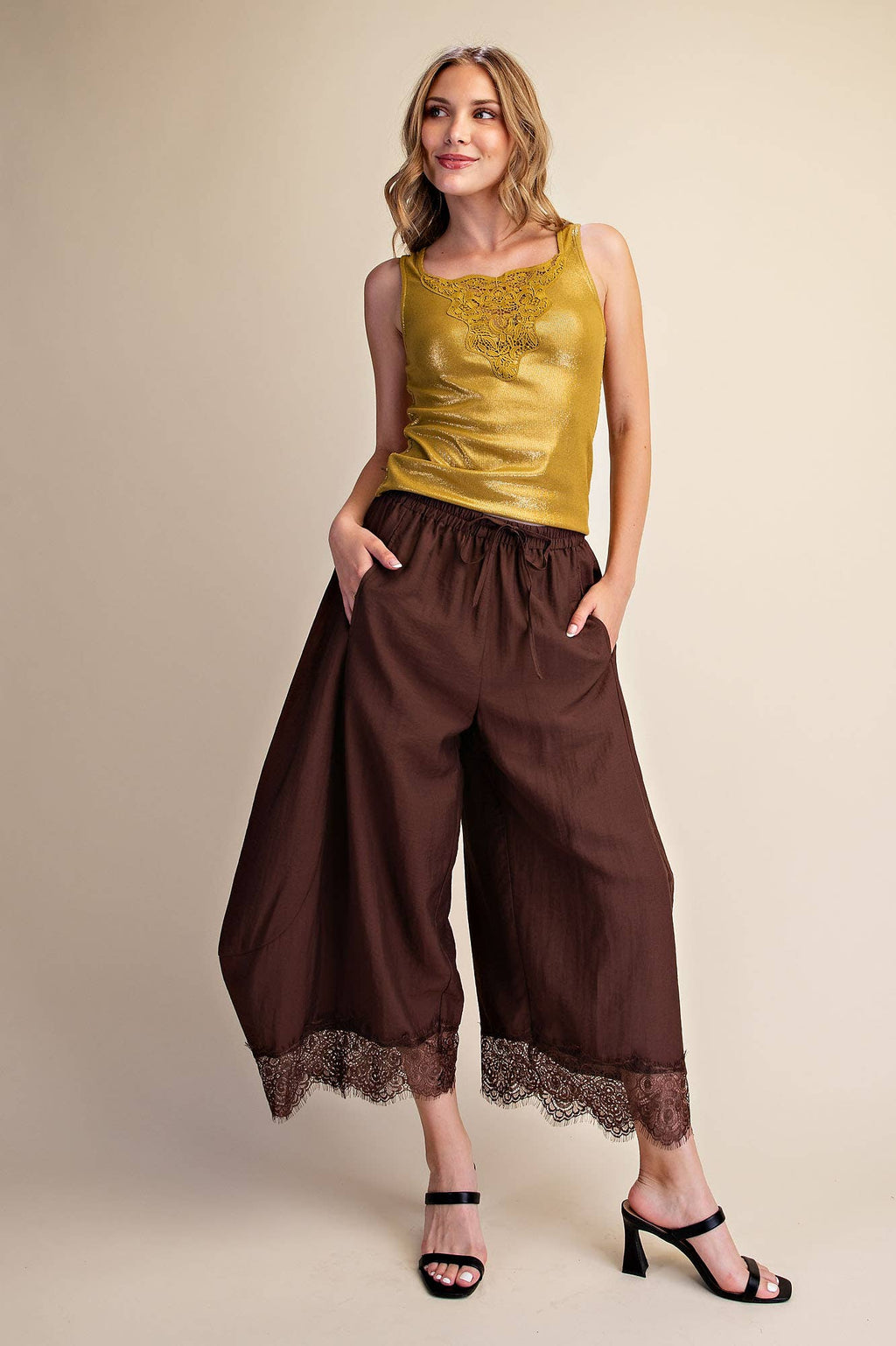 Cropped Lace Trim Balloon Pants