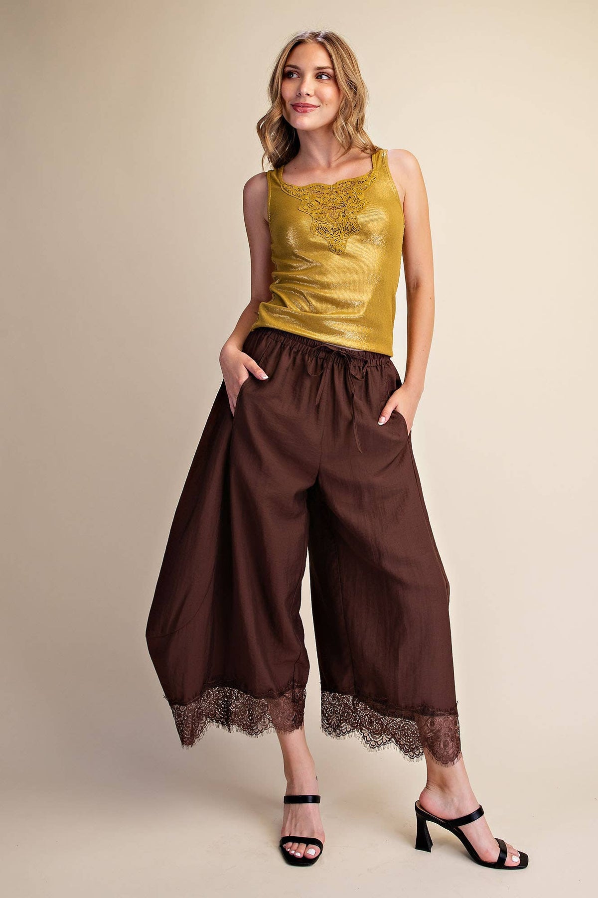 Cropped Lace Trim Balloon Pants