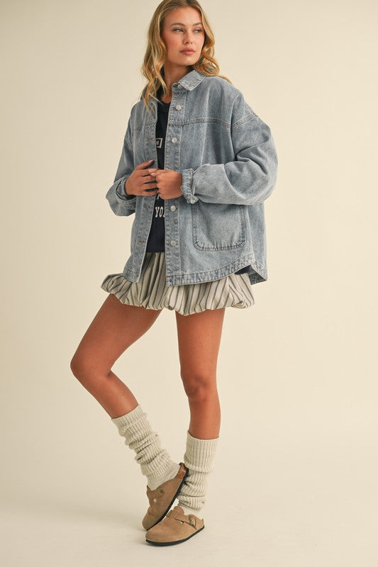 Oversized front pocket denim jacket