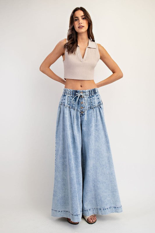 Pleated wide leg denim pants