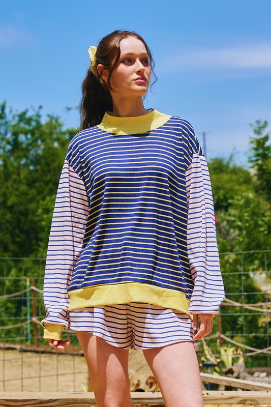 Ribbed striped mock neck sweater