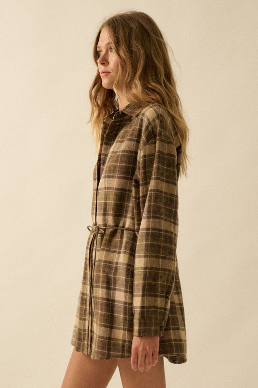 Flannel belted shirt romper