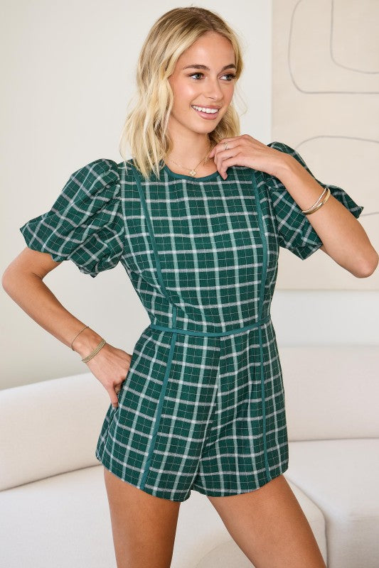 Plaid Puff Sleeve Romper