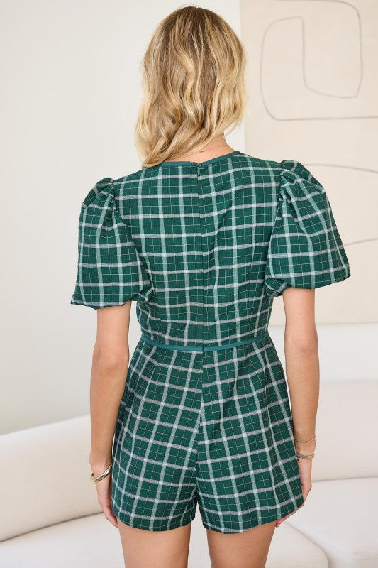 Plaid Puff Sleeve Romper