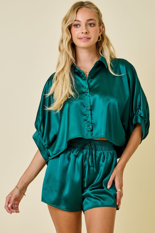 Oversized satin button down short set