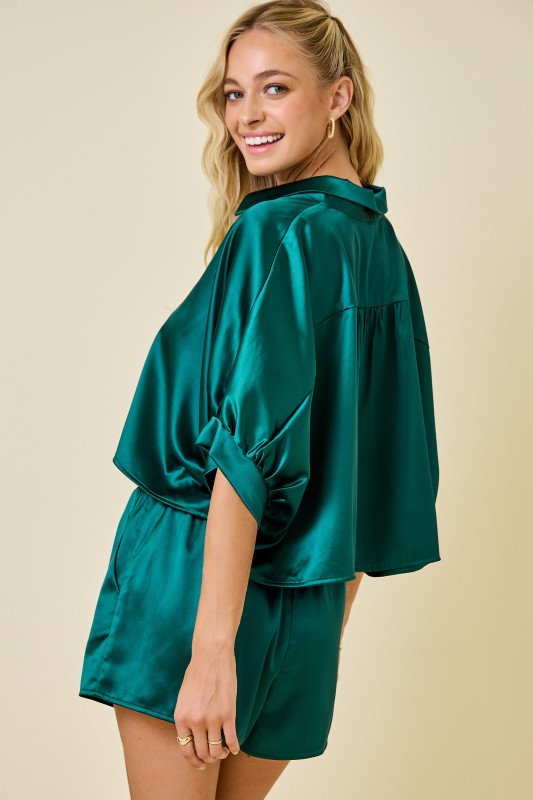 Oversized satin button down short set