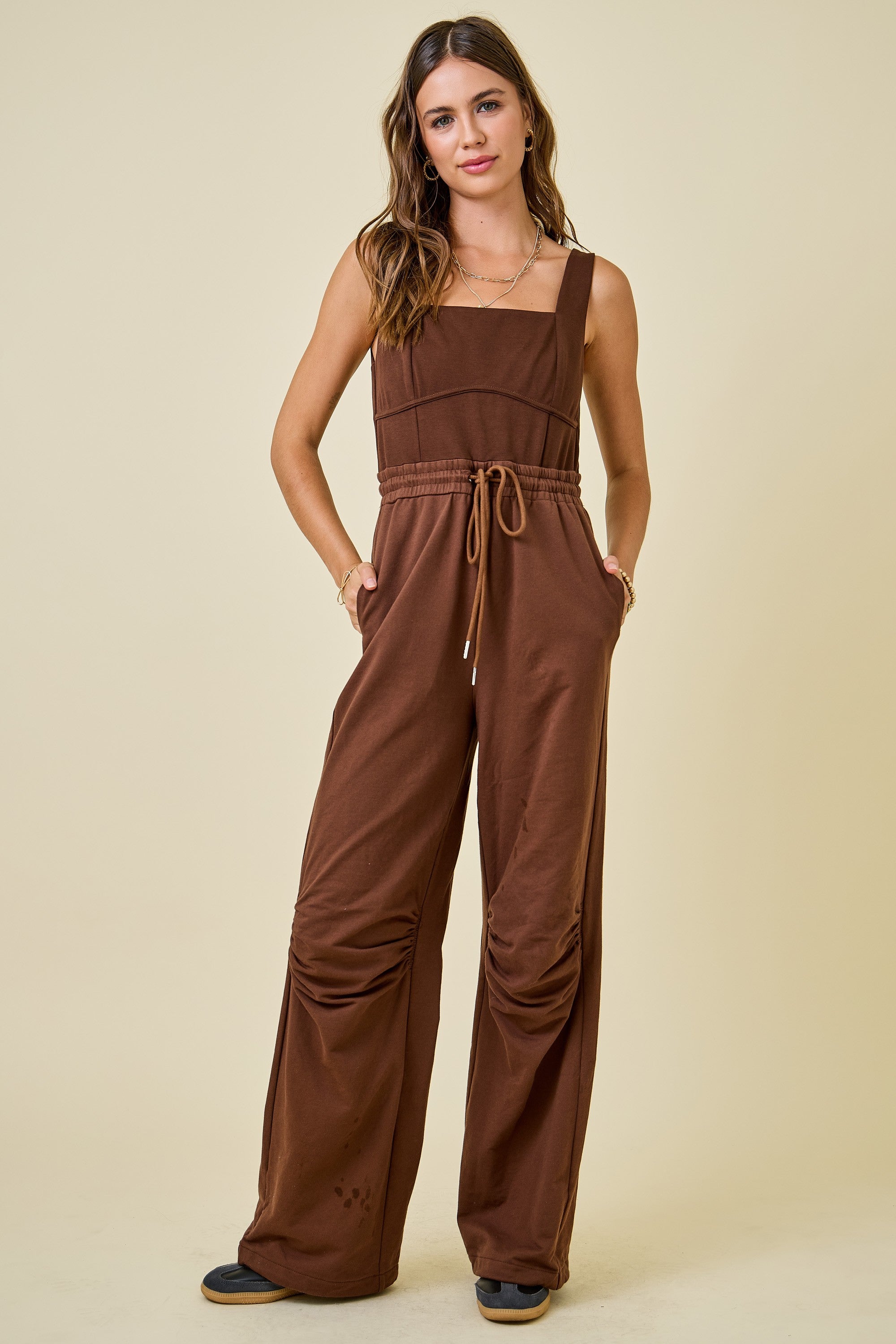 Knit jumpsuit drawstring hem
