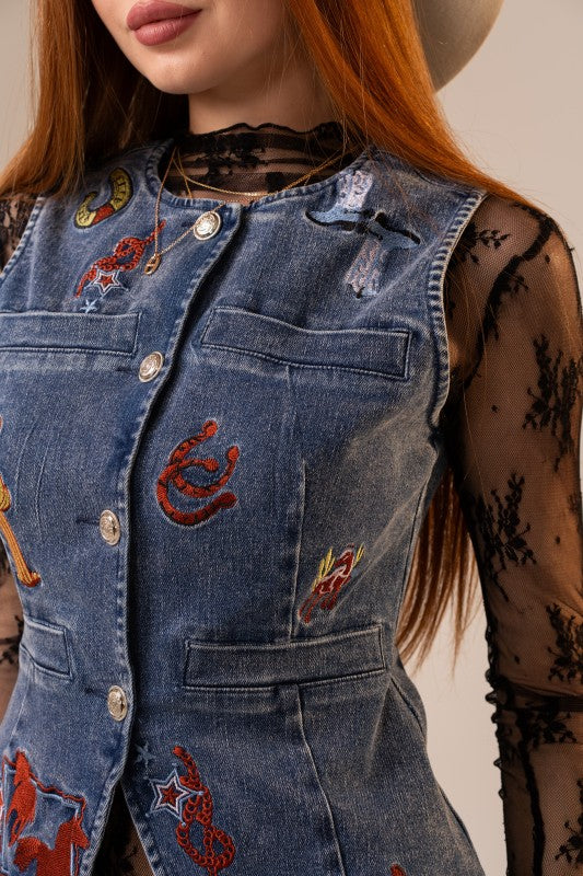 Western Embroidered Denim Vest