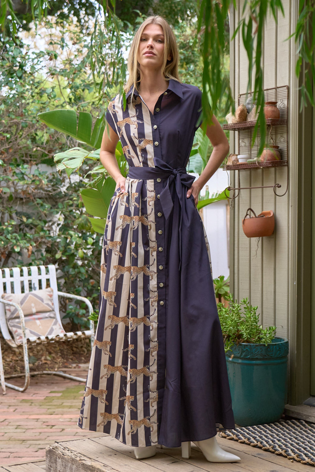 Leopard stripe button up maxi dress