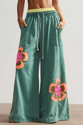 Drawstring floral elastic waist wide leg pants