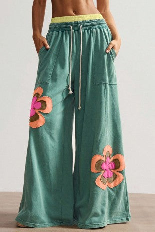 Drawstring floral elastic waist wide leg pants