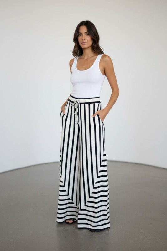 navy mixed striped wide leg pants