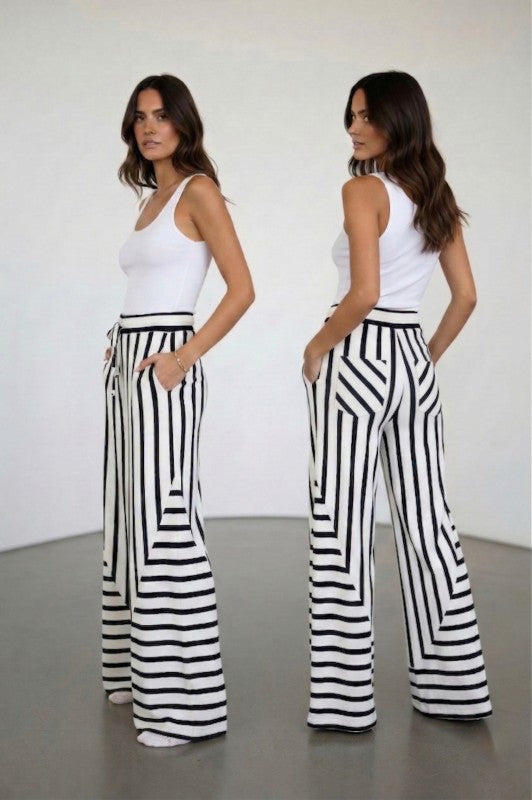 navy mixed striped wide leg pants