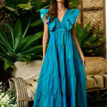 Striped flutter sleeve maxi dress