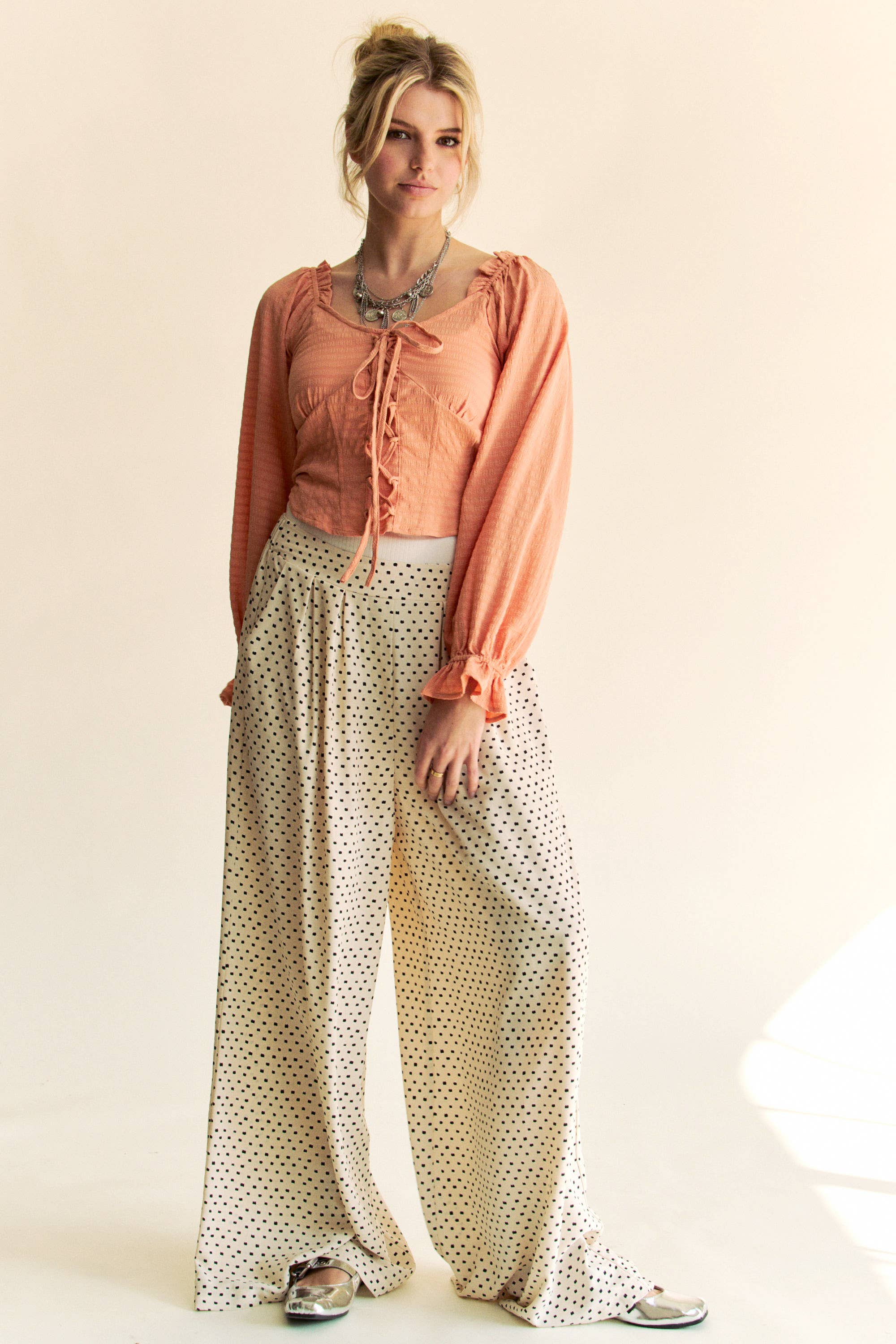 PLEATED BACK ELASTIC WAIST BAND WIDE LONG PANTS