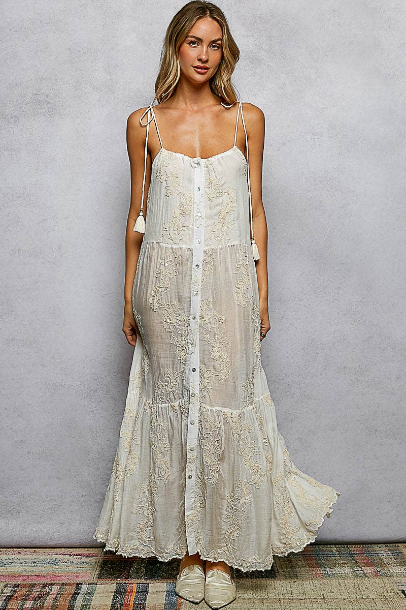 Sleeveless Round Neck Tassel Shoulder Tie Woven Maxi Dress