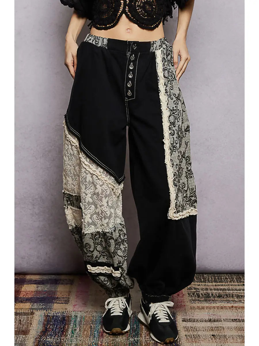 Black lace detailed barrel pants