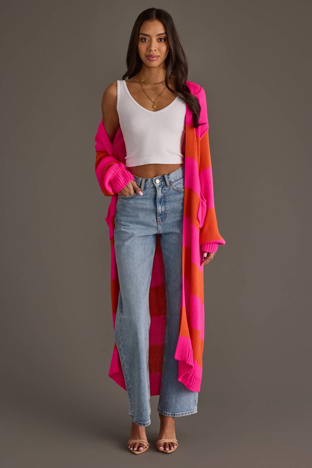 Bright Pink & Orange Striped Duster Cardigan