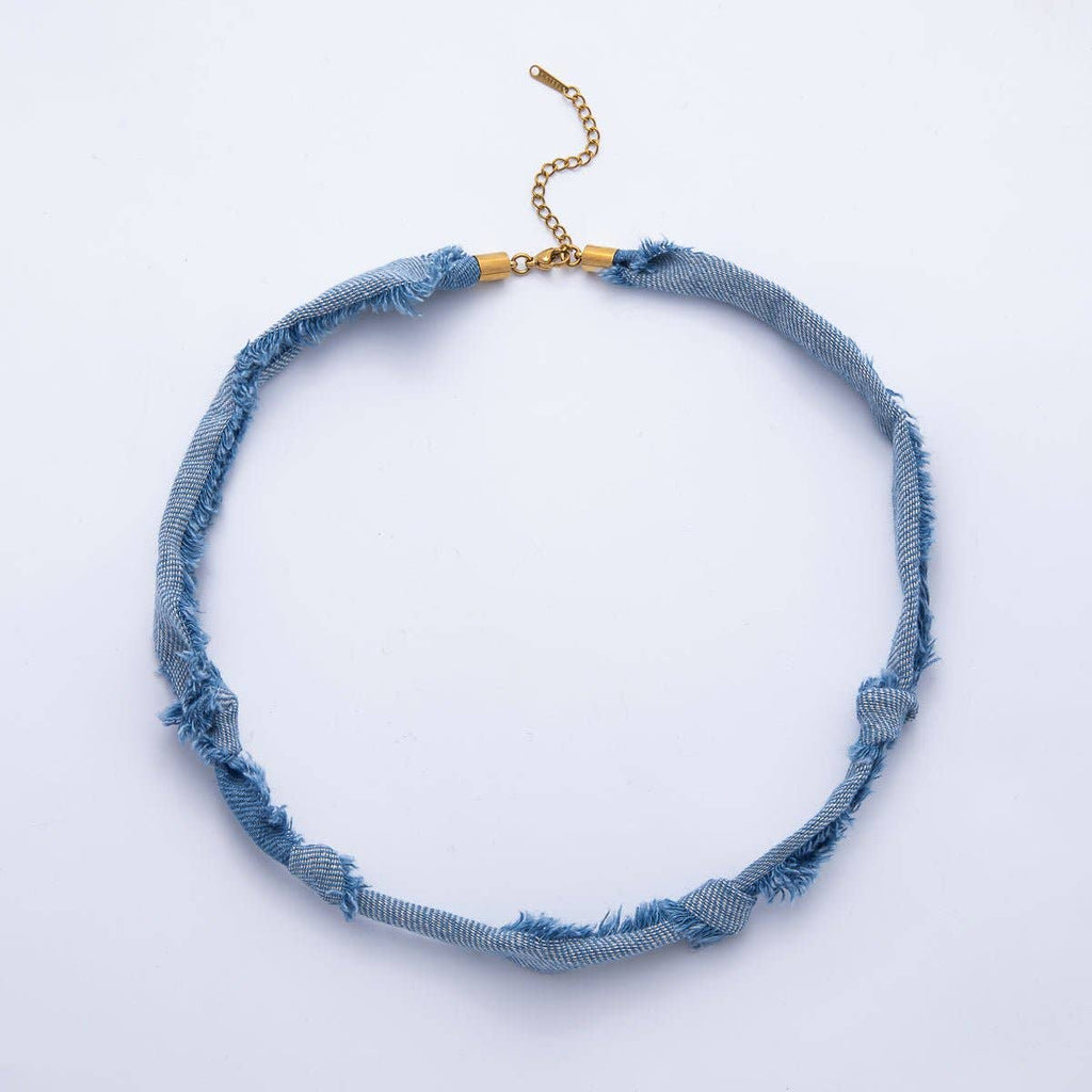 Stainless Steel Blue Denim Knot Handmade Scarf 19 Inch Necklace w. Extender