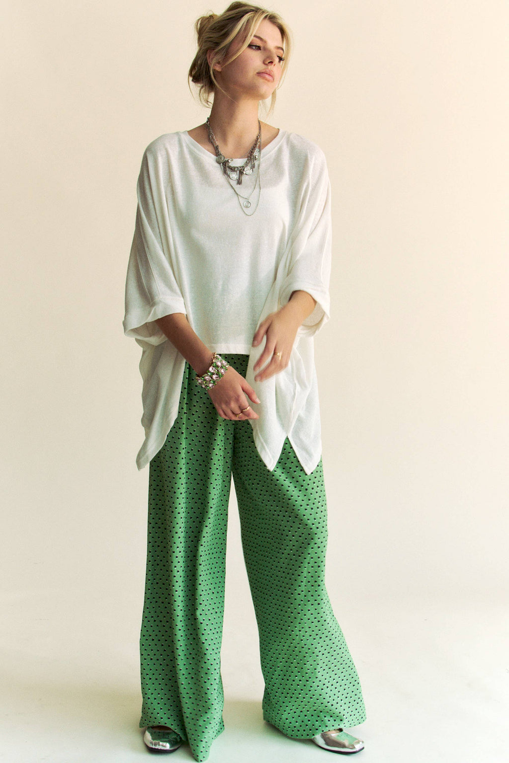 PLEATED BACK ELASTIC WAIST BAND WIDE LONG PANTS