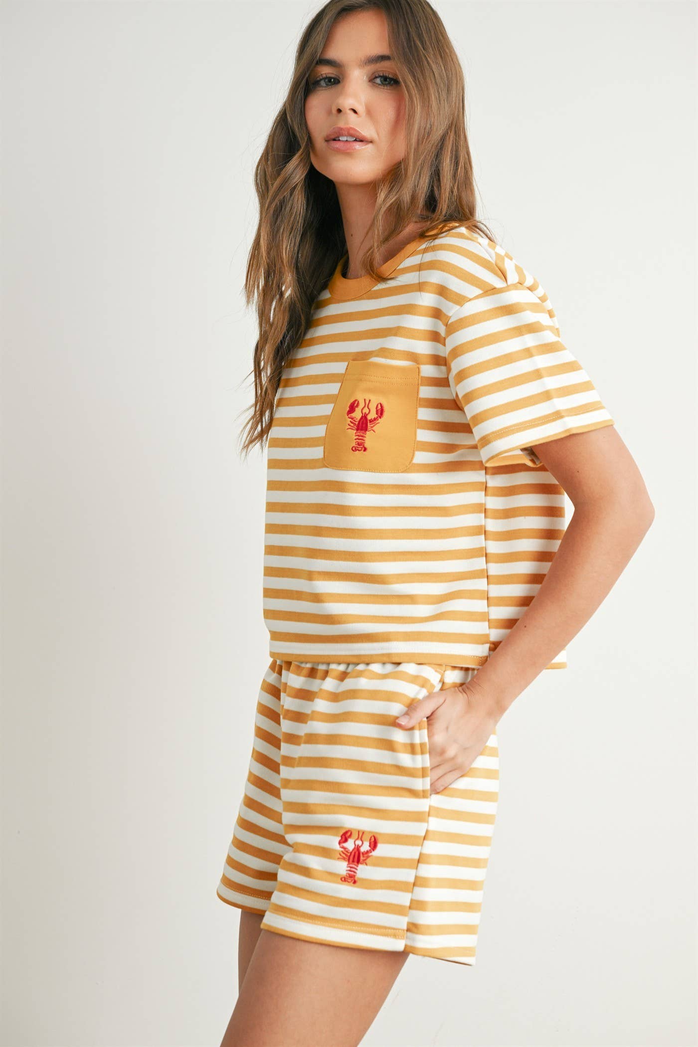 STRIPED POCKET TEE WITH EMBROIDERED LOBSTER DESIGN