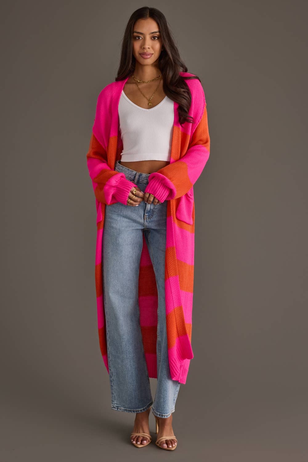 Bright Pink & Orange Striped Duster Cardigan