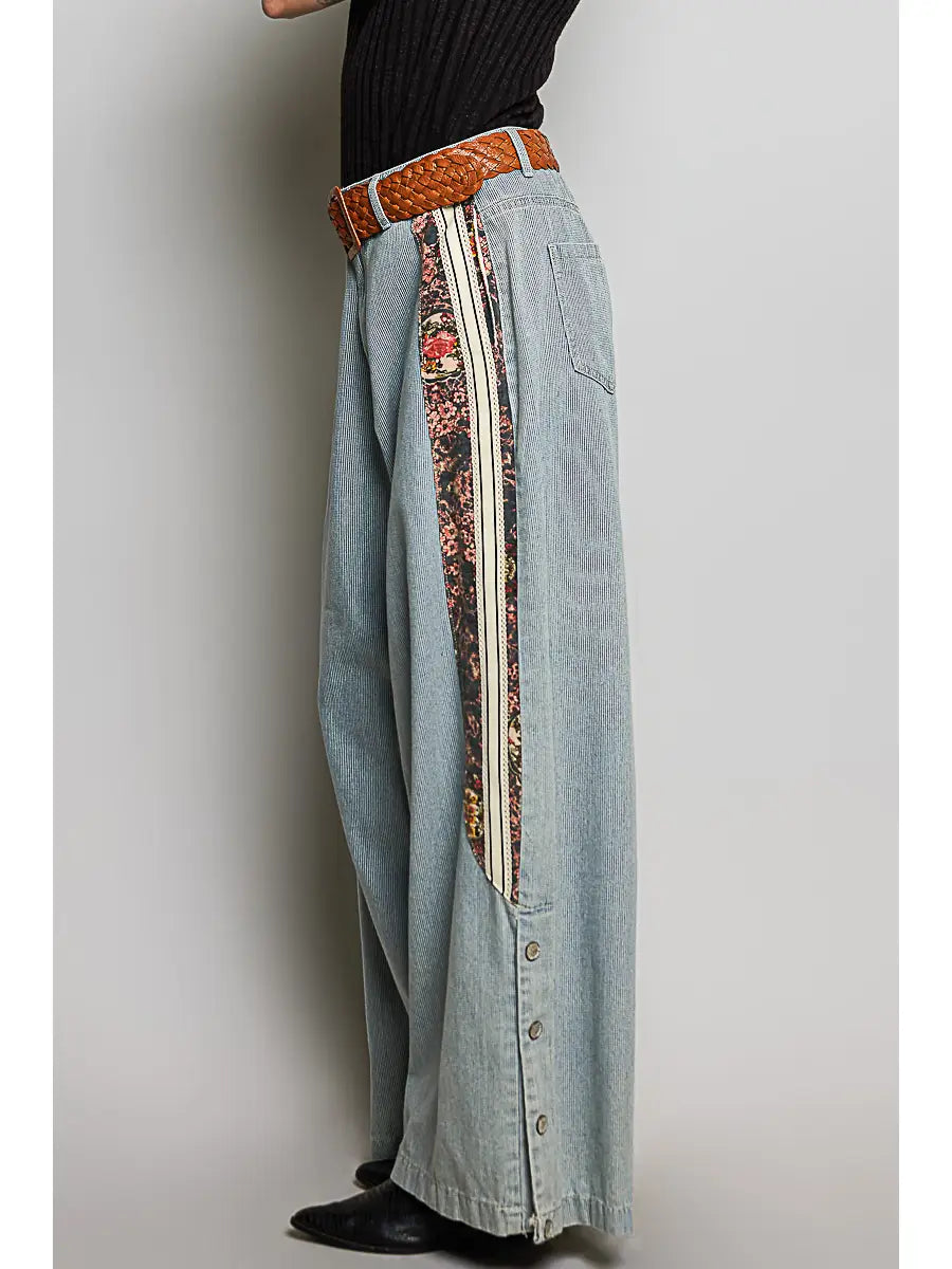 Floral side denim pants