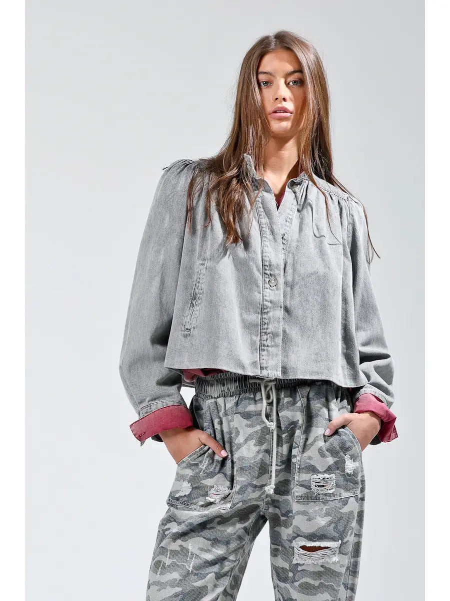 Grey shirring denim jacket