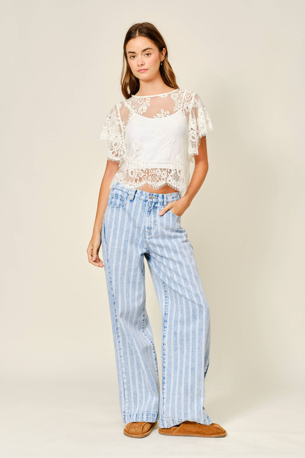 SHORT SLEEVE LACE SHEER TOP