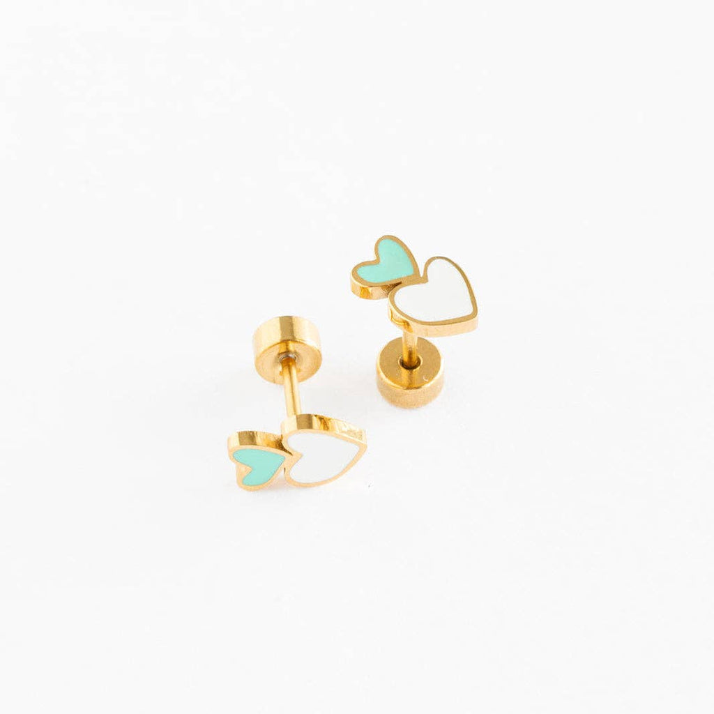 Heart Stack Stud Earrings - Hypoallergenic, Flat Back, Girl
